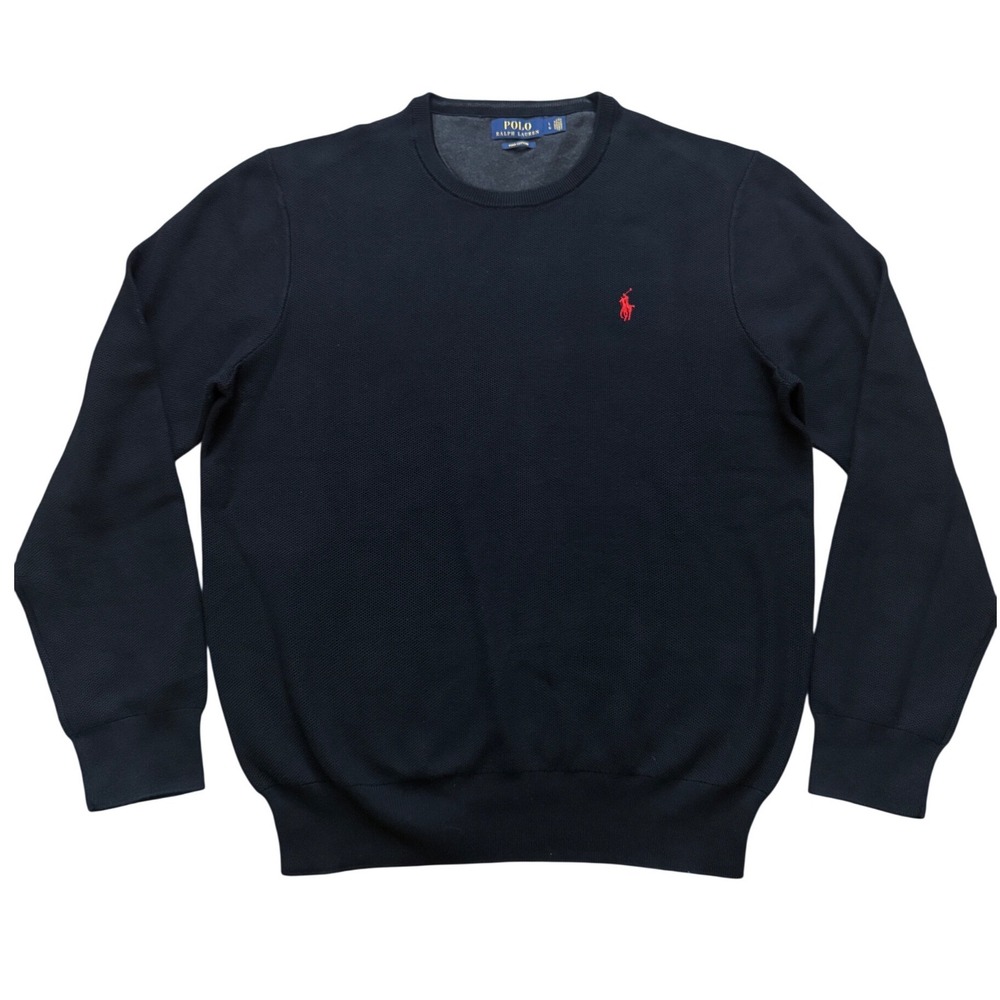 Polo Ralph Lauren Mens Pima Cotton Crewneck Sweater Navy Blue Red Pony Large